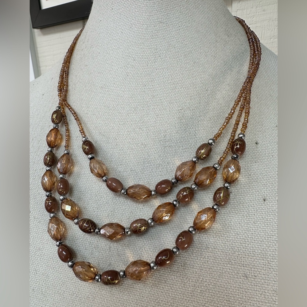 Multi strand neutral brown mauve bead necklace